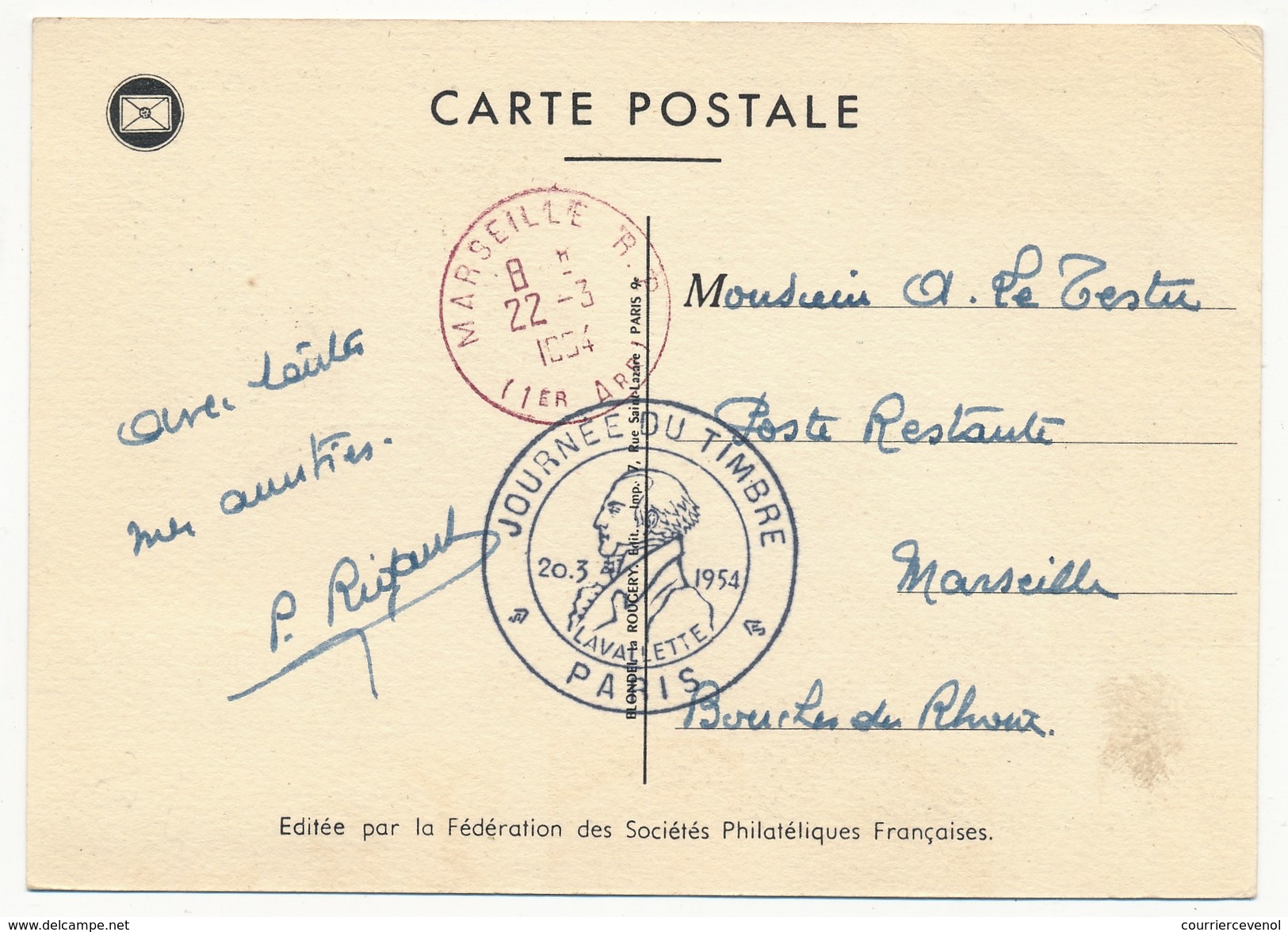 FRANCE => Carte Fédérale "Journée Du Timbre" 1954 - PARIS - Timbre Lavalette - Stamp's Day