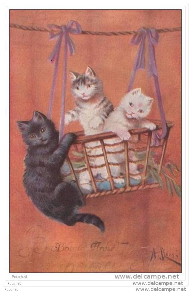 Illustrateur A. René : Chat - Chats - Chatons -  """" Bonne Année """"   - Panière à  Chatons - Gatos