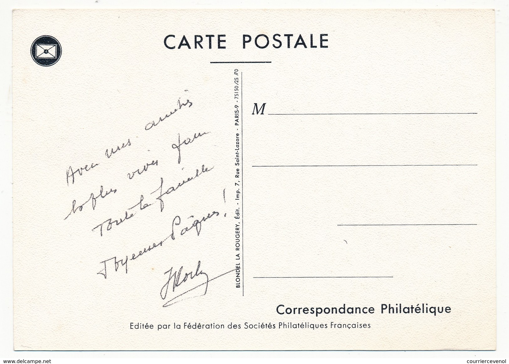 FRANCE => Carte Fédérale "Journée Du Timbre" 1970 - ANGOULEME - Timbre 0,40 + 0,10 Facteur De Ville En 1830 - Giornata Del Francobollo