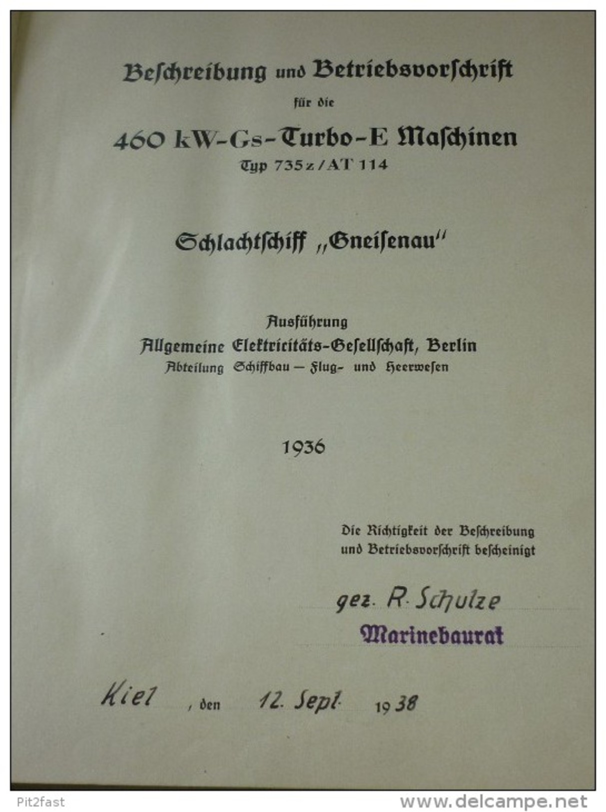 Großes Handbuch Für Schlachtschiff Gneisenau , Kiel 1938 , 460 KW-Gs- Turbo - E-Maschinen , Sehr Viele Klappkarten,  AEG - Boats