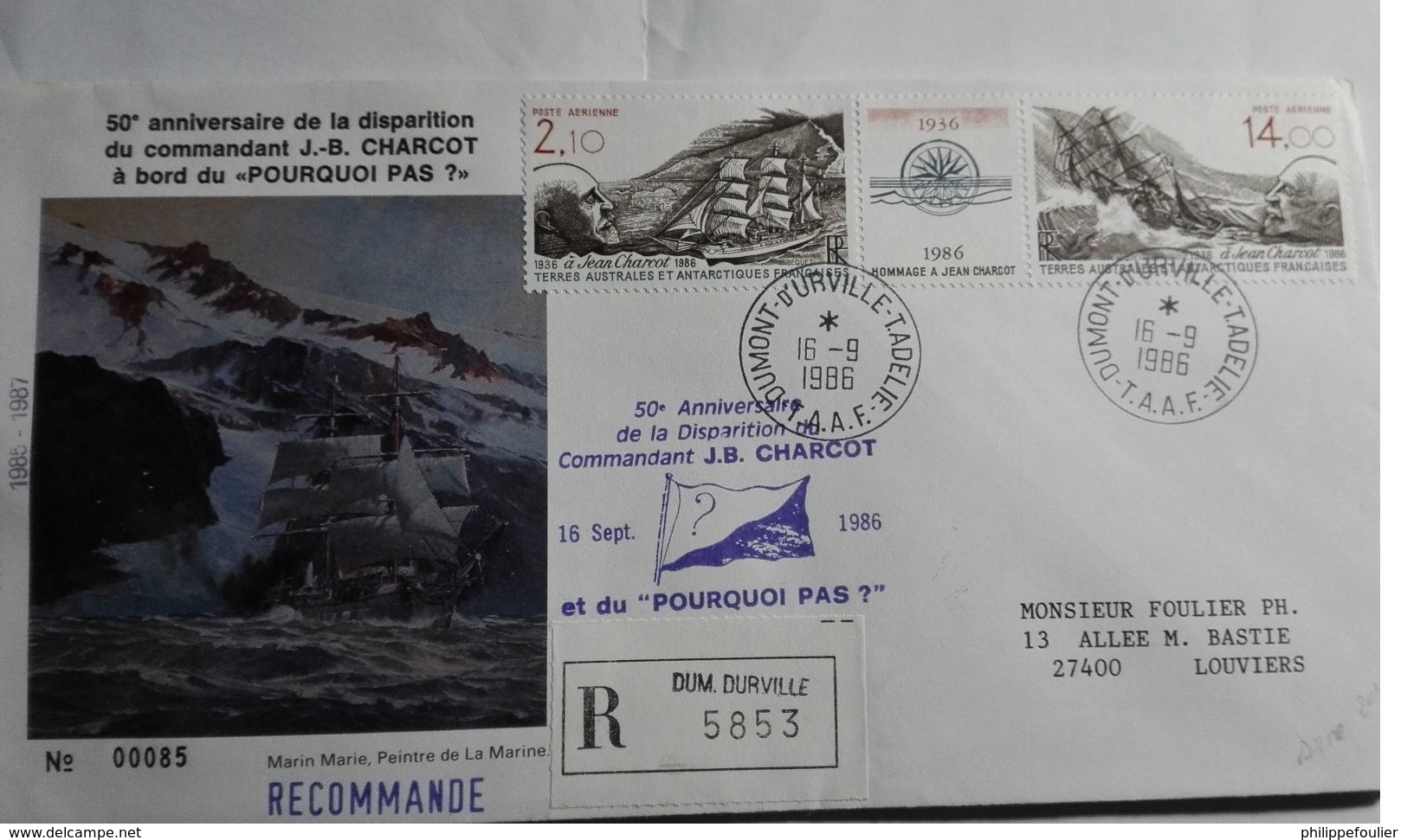 Pli TAAF Dumont D'Urville 1986 Anniversaire Charcot Pourquoi Pas - Covers & Documents