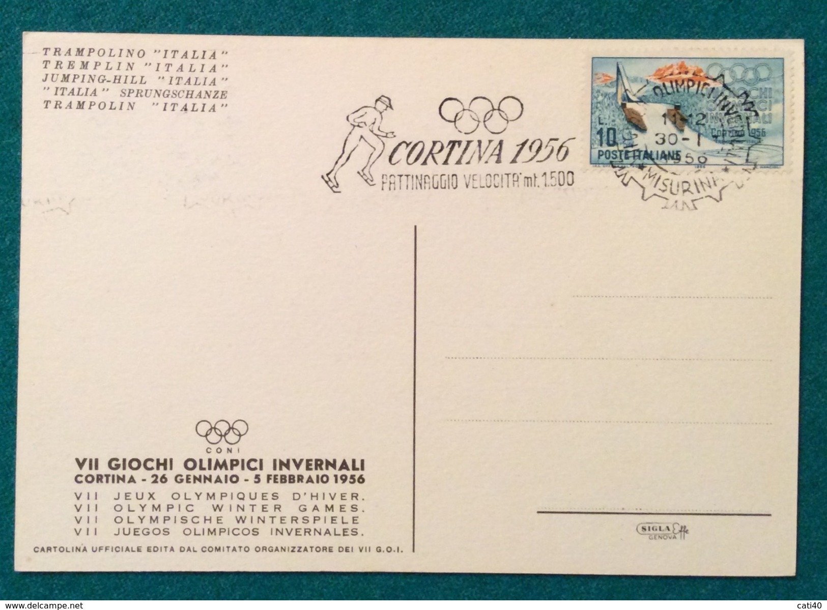 OLIMPIADI CORTINA 1956 CARTOLINA UFFICIALE  ANNULLO DI  MISURINA 30/1/1956 PATTINAGGIO VELOCITA' MT.1500 - Estate 1924: Paris