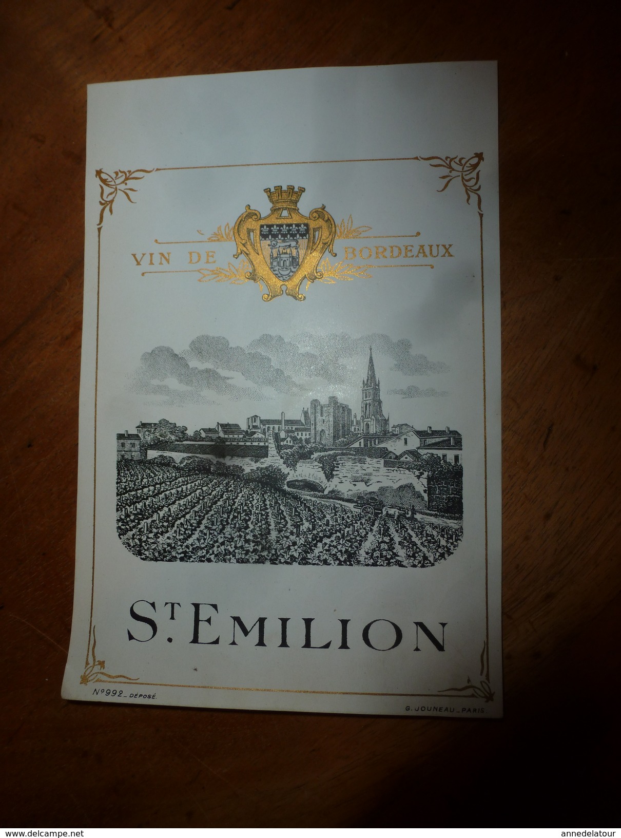 1920 ?   Spécimen étiquette De Vin  De Bordeaux ST EMILION N° 992 Déposé,   Imprimerie G.Jouneau  3 Rue Papin à Paris - Rouges