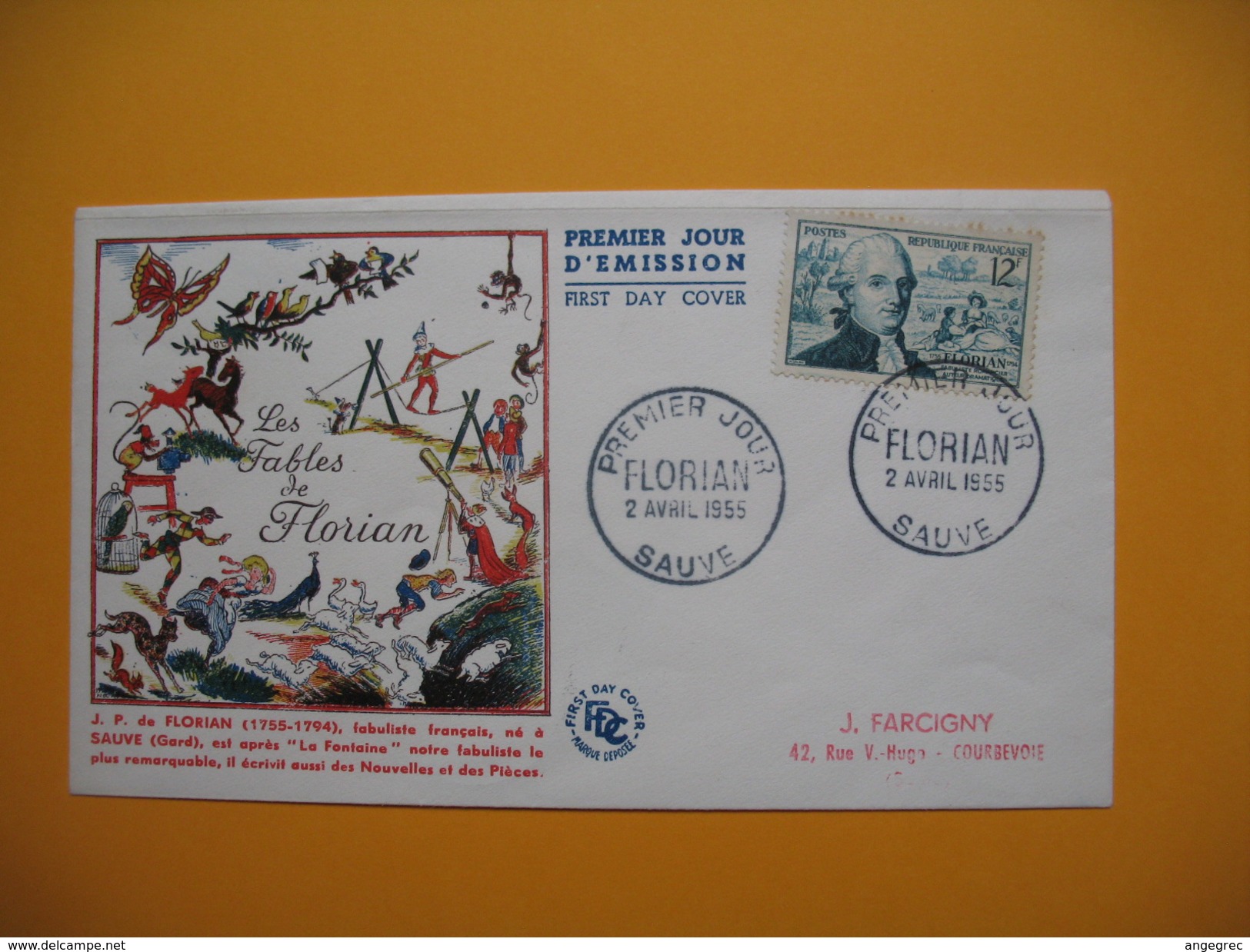 FDC  Lettre  1955 Avec Tampon Spécial Premier Jour Florian  " Les Fables De Florian " - 1950-1959