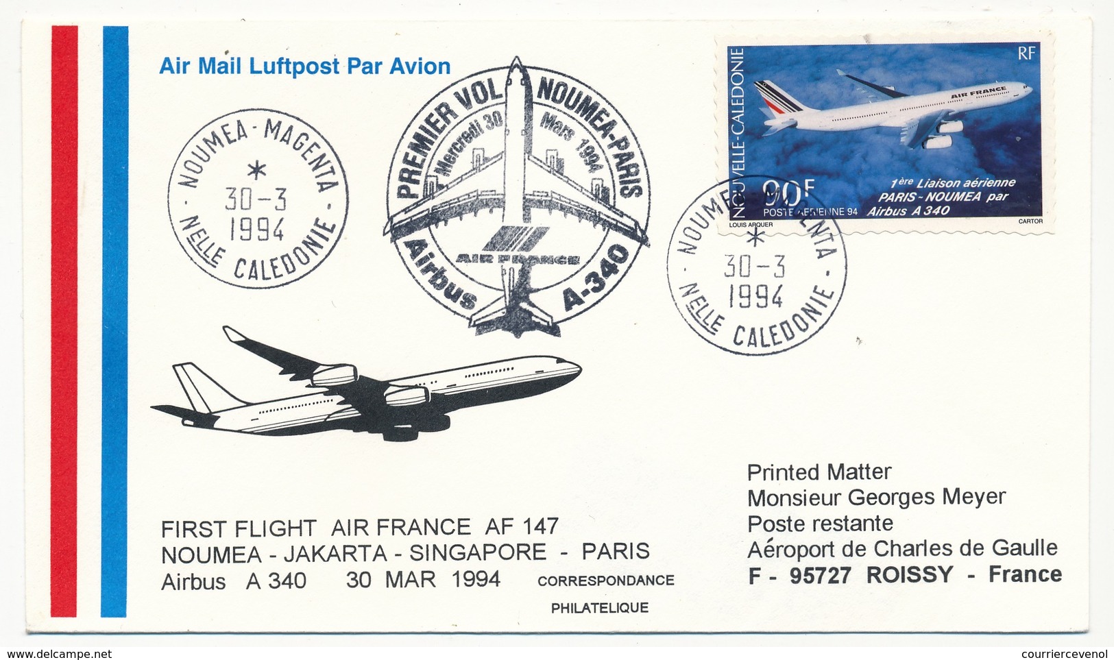 Nouvelle Calédonie - Premier Vol NOUMEA - PARIS Airbus 340 - Nouméa Le 30 Mars 1994 - Lettres & Documents