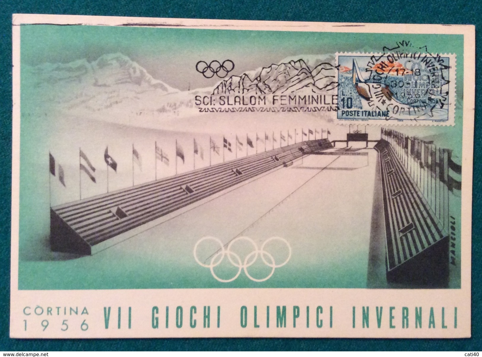 OLIMPIADI CORTINA 1956 CARTOLINA UFFICIALE  ANNULLO DI  CORTINA 1/2/1956   SCI SLALOM FEMMINILE - Ete 1924: Paris