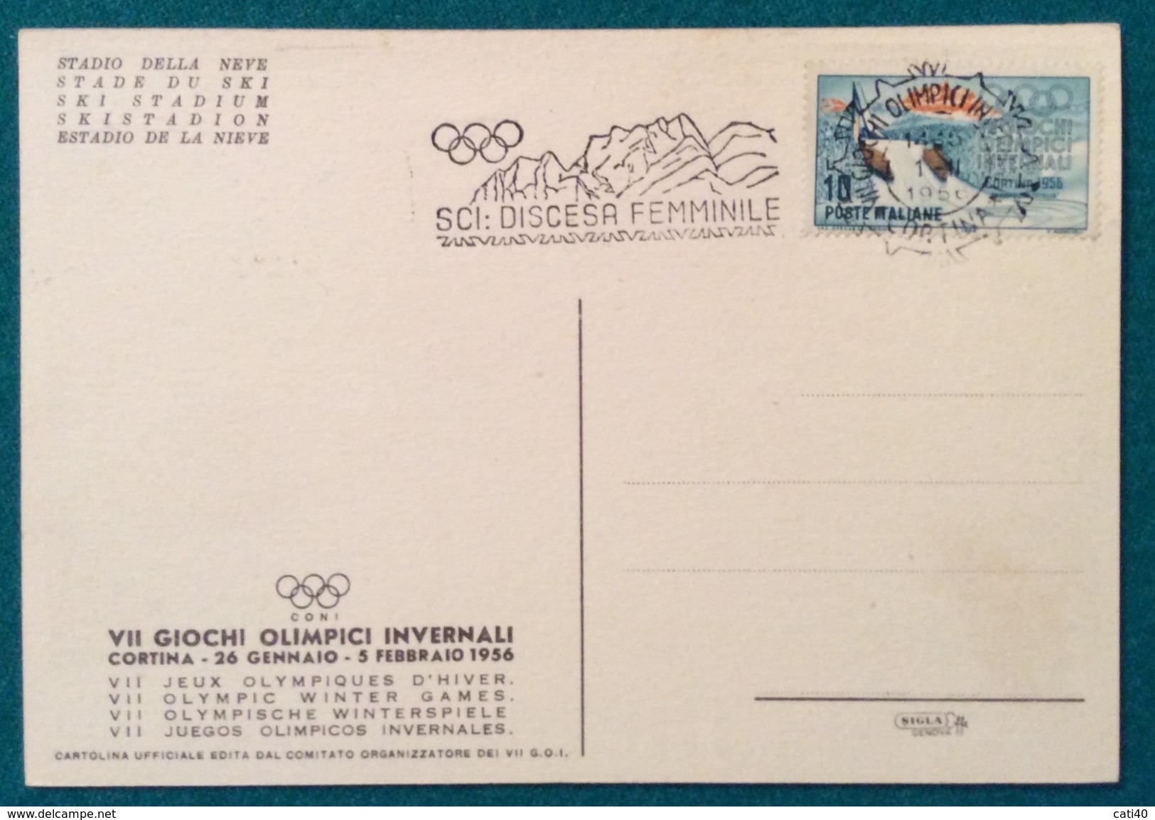 OLIMPIADI CORTINA 1956 CARTOLINA UFFICIALE  ANNULLO DI  CORTINA 1/2/1956   SCI DISCESA FEMMINILE - Estate 1924: Paris