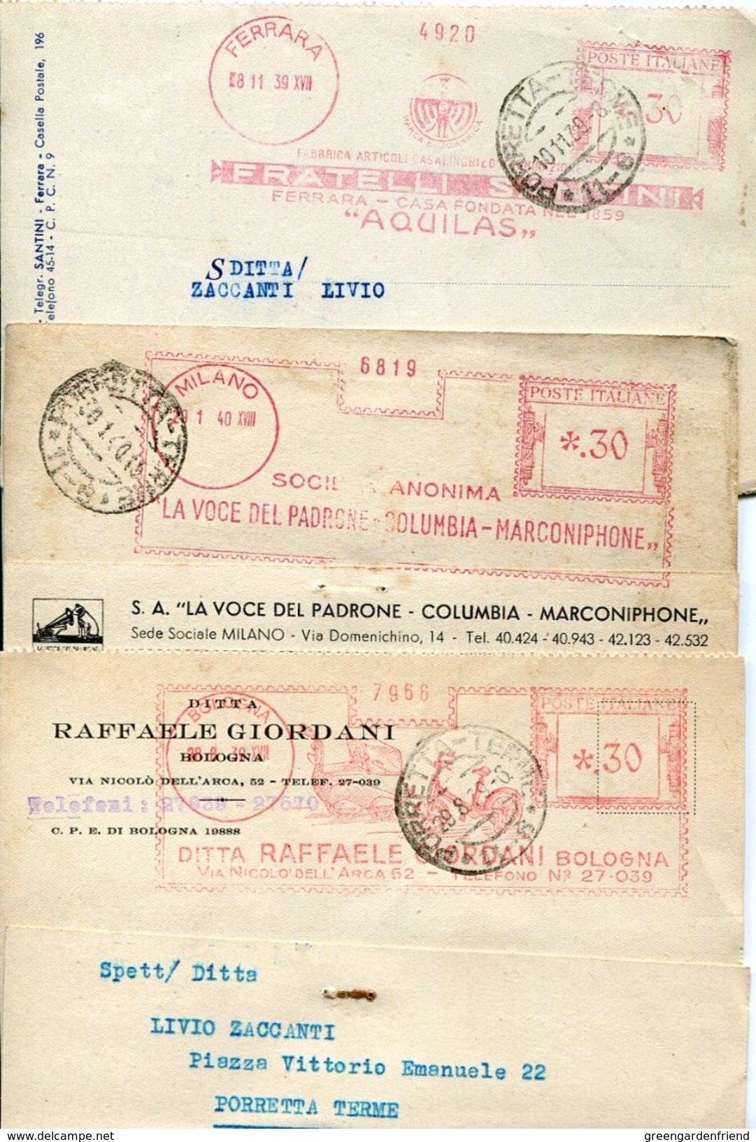 29289 Italia,  3 Red Meter/3 Freistempel/3 Ema/ Milano,bologna,ferrara 1939/1940 Marconiphone,giordani,santini,circuled - Macchine Per Obliterare (EMA)