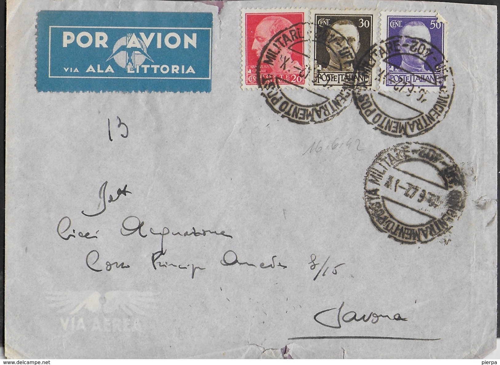 POSTA MILITARE - BUSTA PER VIA AEREA DA PM 402 (DURAZZO-ALBANIA)(bollo 3) (p.1) 16.06.1942 PER SAVONA - Poste Militaire (PM)