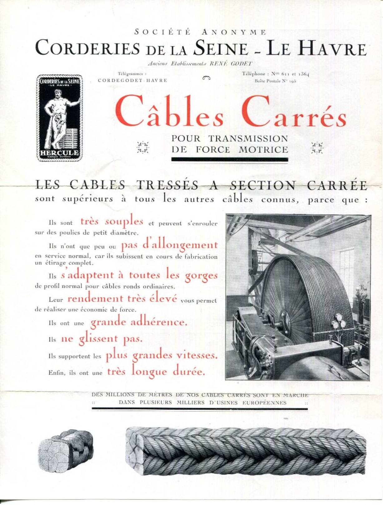 LE HAVRE.CORDERIES DE LA SEINE.CABLES CARRES POUR TRANSMITION DE FORCE MOTRICE. - Non Classés