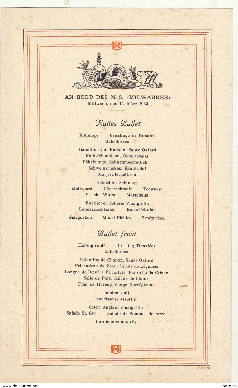 Menu Bateau Paquebot Hamburg Amerika Line M.S. Milwaukee 1939 - Autres & Non Classés