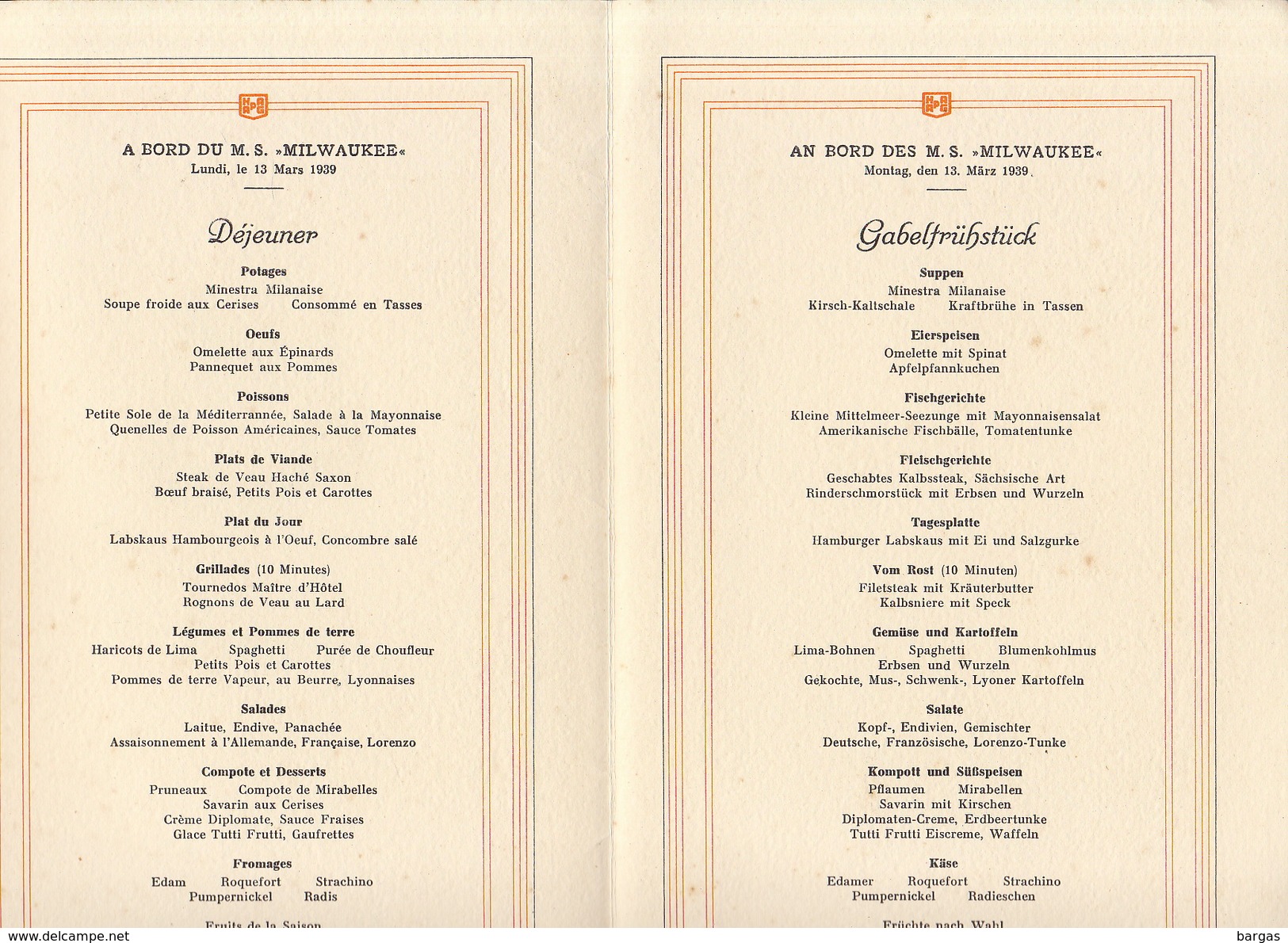 Menu Bateau Paquebot Hamburg Amerika Line M.S. Milwaukee 1939 - Otros & Sin Clasificación