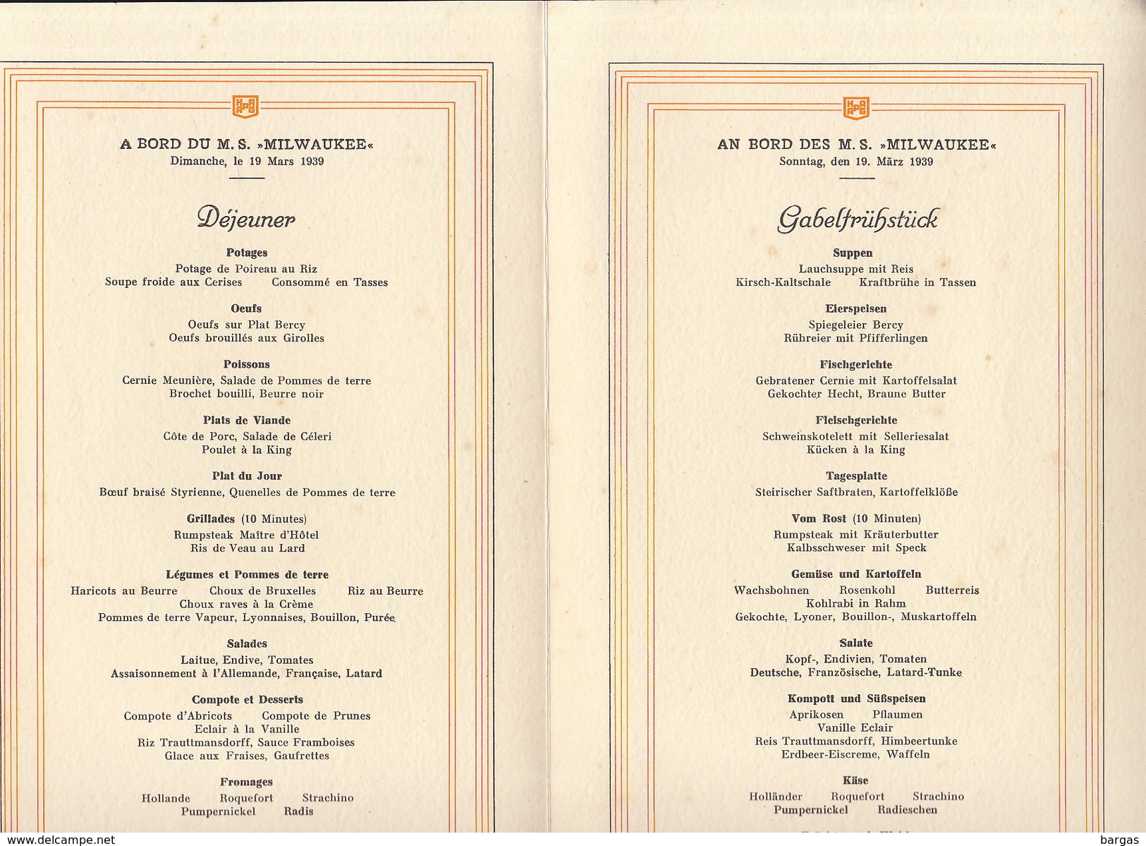 Menu Bateau Paquebot Hamburg Amerika Line M.S. Milwaukee 1939 Istanbul - Autres & Non Classés