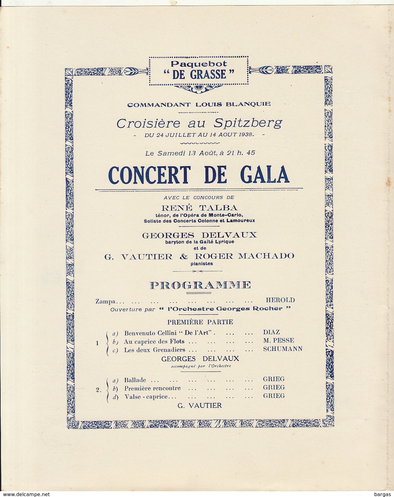 Menu Programme Bateau Paquebot S.S. Grasse 1938 Croisière Au Spitzberg CGT French Line Illustration Chancel - Andere & Zonder Classificatie