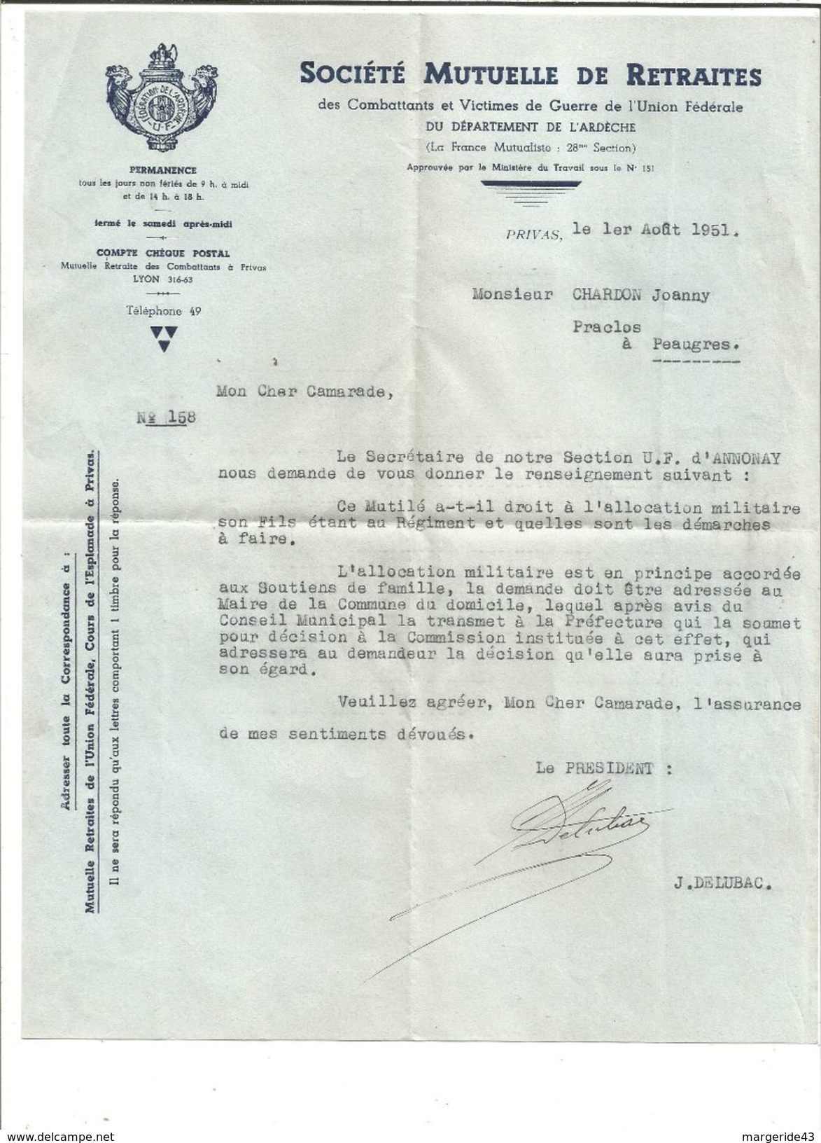 COURRIER SOCIETE MUTUELLE DE RETRAITE à PRIVAS ARDECHE 1951 - 1950 - ...