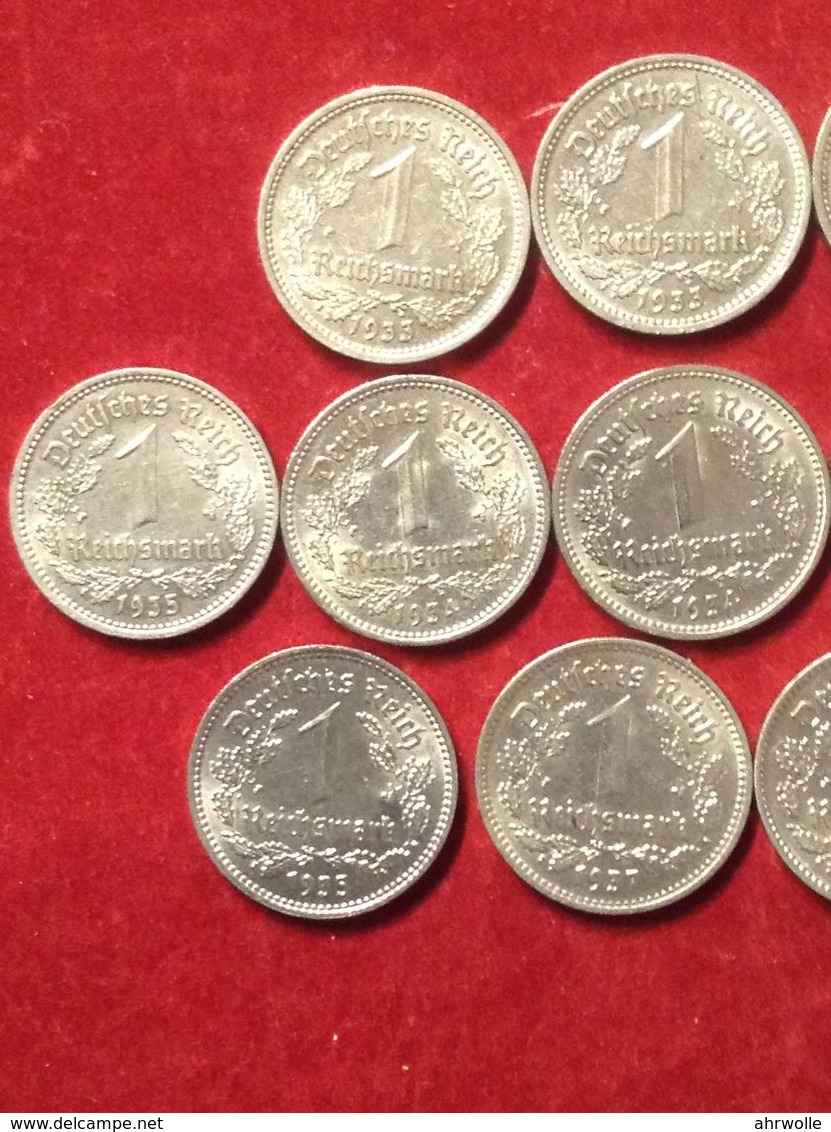 Münzen Drittes Reich 13 Mal 1 Mark 1933, 1934, 1935, 1937, Jaeger 354 Nickel - 1 Reichsmark