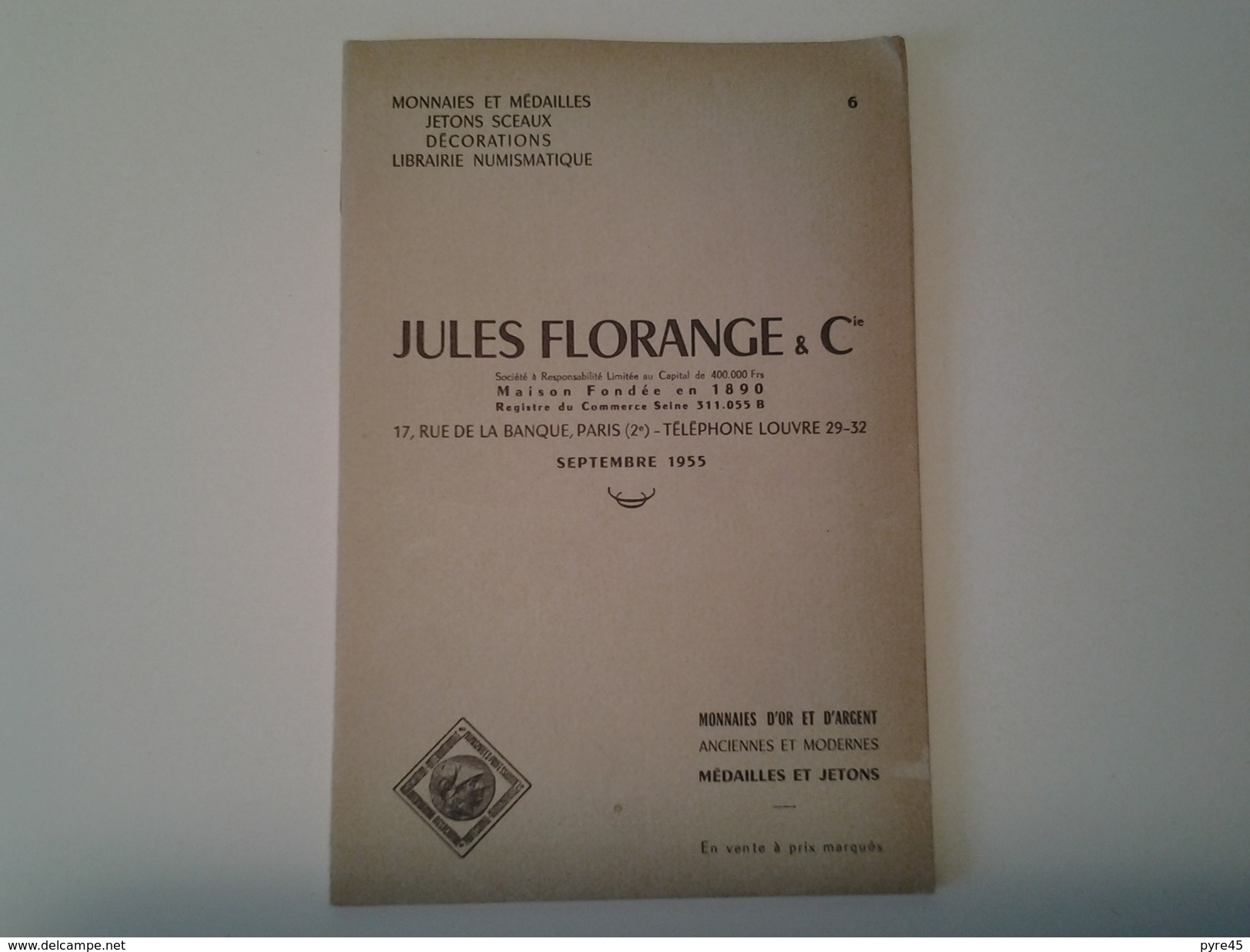 Catalogue De Vente Jules Florange & Cie Septembre 1955 - Libros & Software