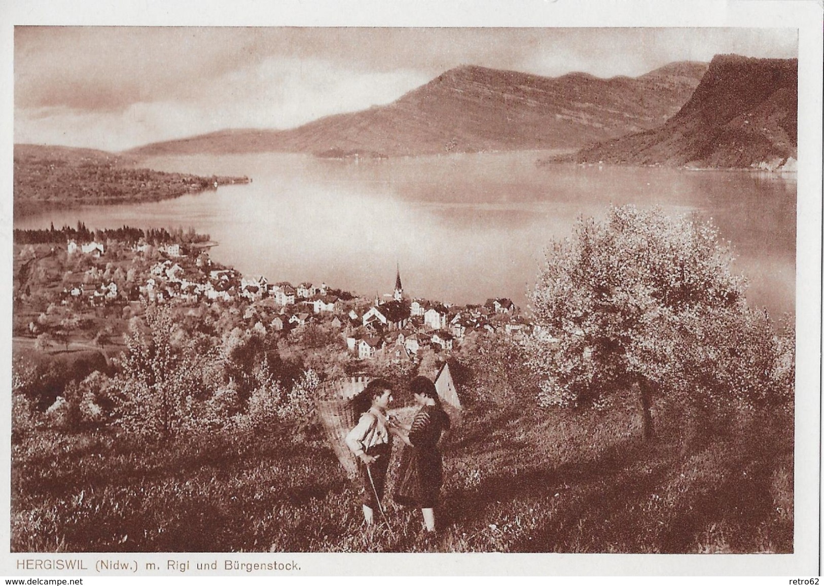 HERGISWIL → Schöne Dorfansicht Aus Der Ferne Mit Bauernkinder, Ca.1940 - Hergiswil