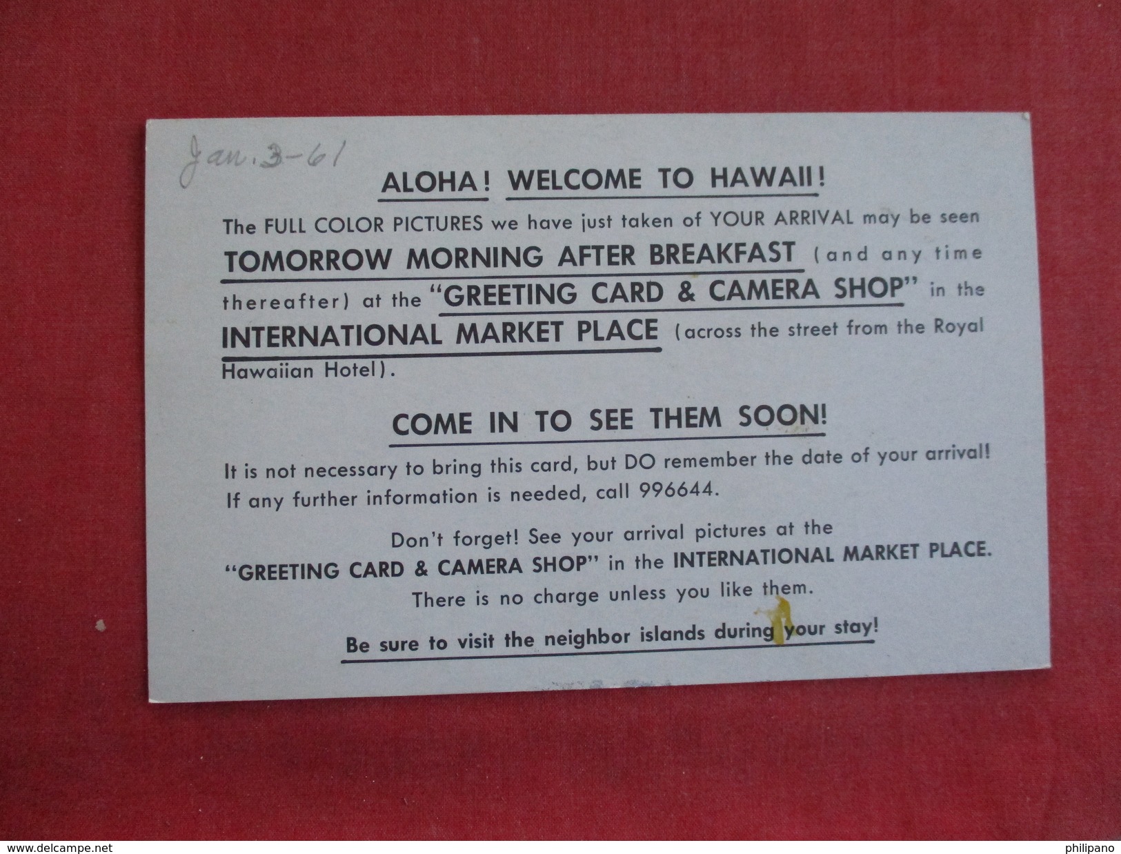 Hawaii Your Picture See Other Side Non Mailable Card=== Ref 2788 - Advertising