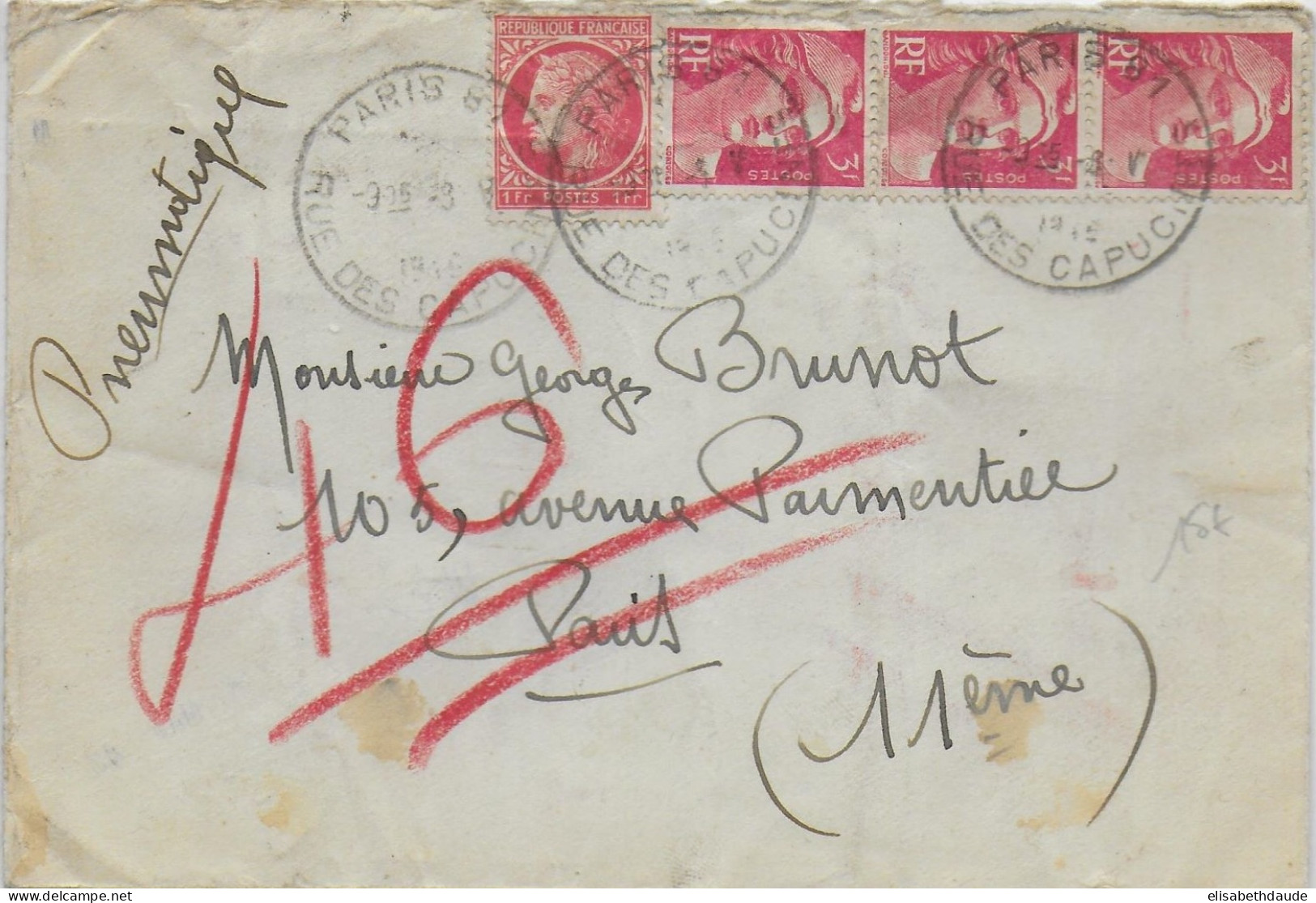 1946 - GANDON + MAZELIN Sur ENVELOPPE PNEUMATIQUE De PARIS - 1945-54 Marianne (Gandon)