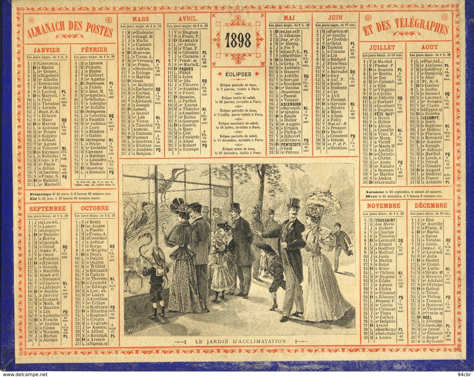 (CALENDRIER) ALMANACH 1898 Des Postes Et Telegraphes (le Jardin D Acclimatation) - Formato Grande : ...-1900