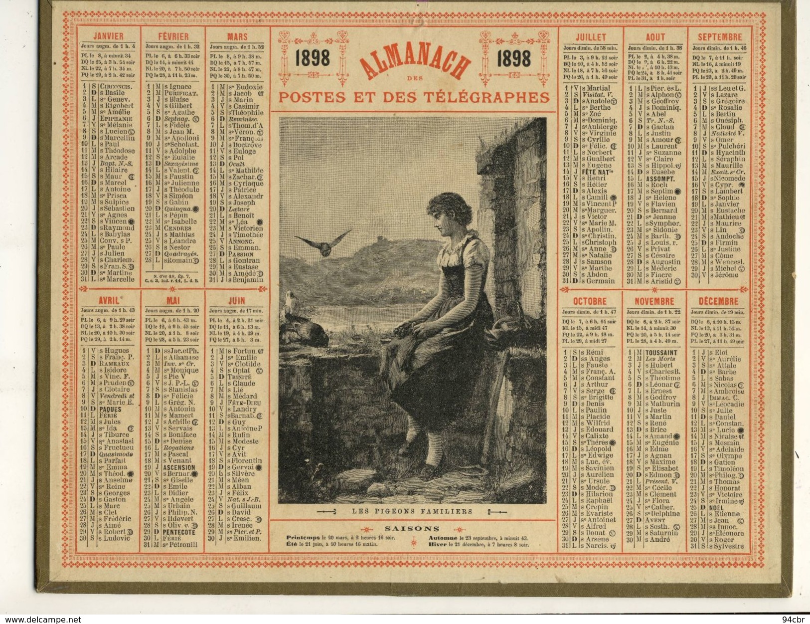 (CALENDRIER) ALMANACH 1898 Des Postes Et Telegraphes (les  Pigeons Familiers) - Groot Formaat: ...-1900