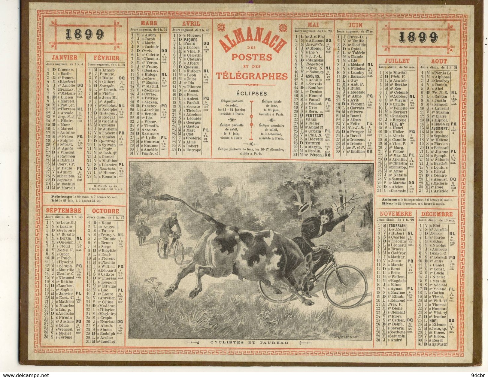 (CALENDRIER) ALMANACH 1899 Des Postes Et Telegraphes (cyclistes Et Taureaux) - Big : ...-1900