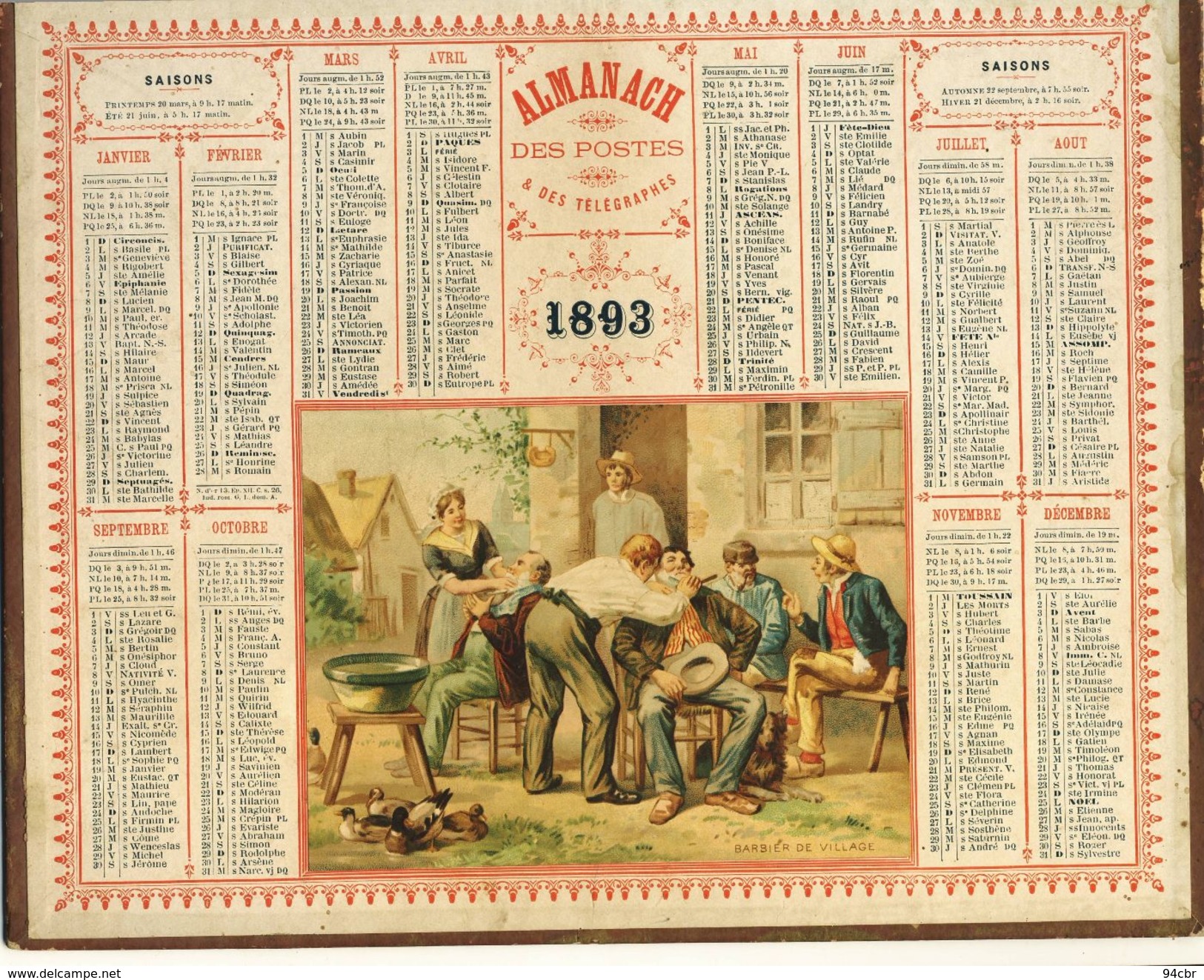 (CALENDRIER) ALMANACH 1893 Des Postes Et Telegraphes (barbier Du  Village ) - Groot Formaat: ...-1900