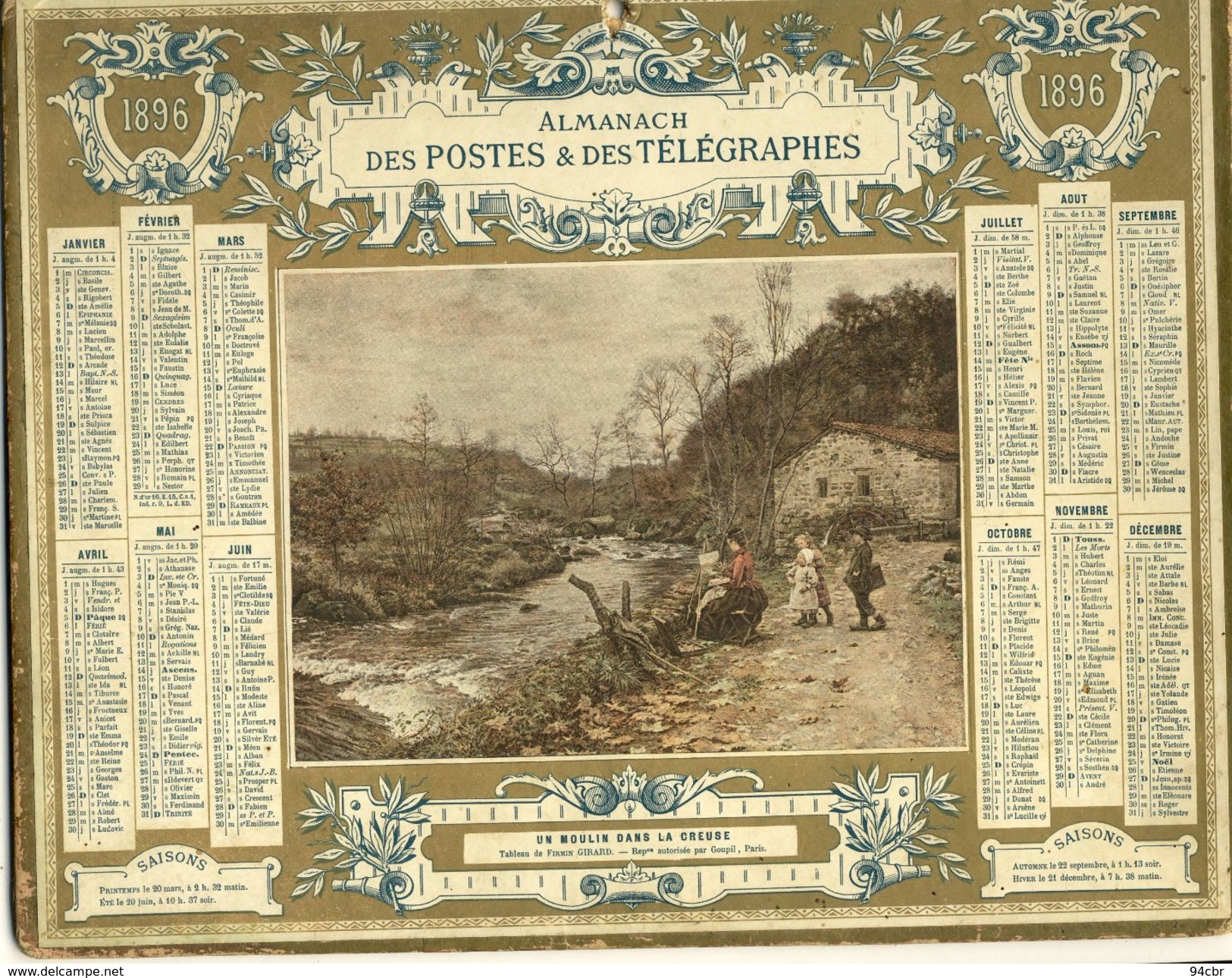 (CALENDRIER) ALMANACH 1896 Des Postes Et Telegraphes(  Un Moulin Dans La Creuse) - Formato Grande : ...-1900