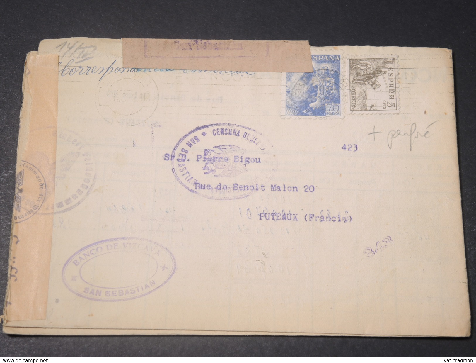 ESPAGNE - Enveloppe Avec Censure De San Sébastien Pour La France En 1942 , Affr. Plaisant Dont Perforé - L 11202 - Marques De Censures Républicaines