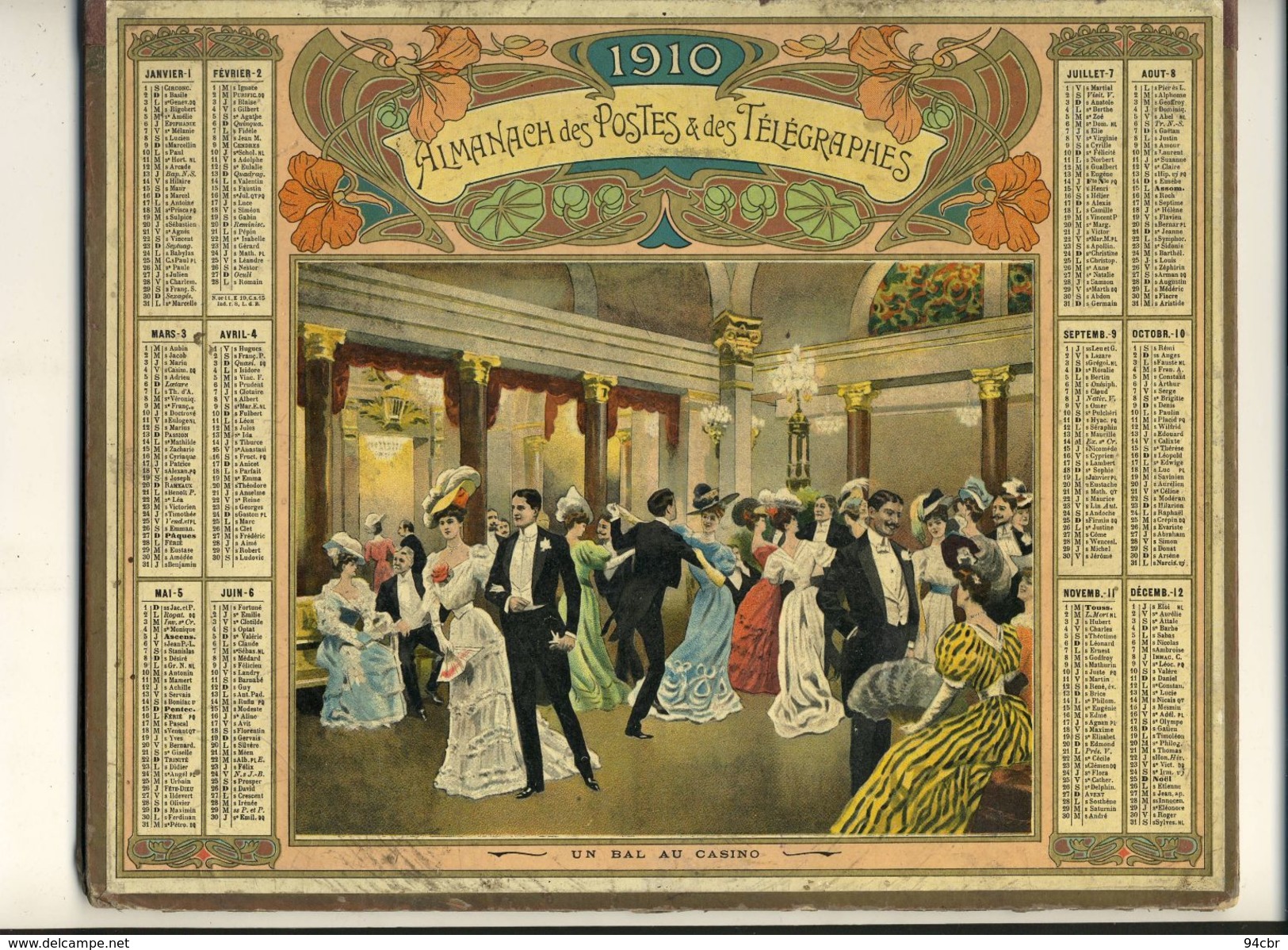 (CALENDRIER) ALMANACH 1910 Des Postes Et Telegraphes(   Un Bal  Au Casino) - Formato Grande : 1901-20