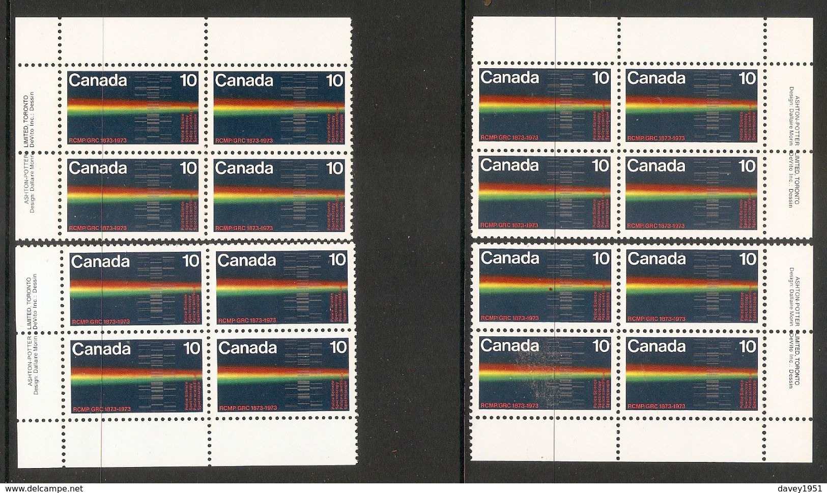 006039 Canada 1973 RCMP 10c Plate Block Set MNH - Plaatnummers & Bladboorden