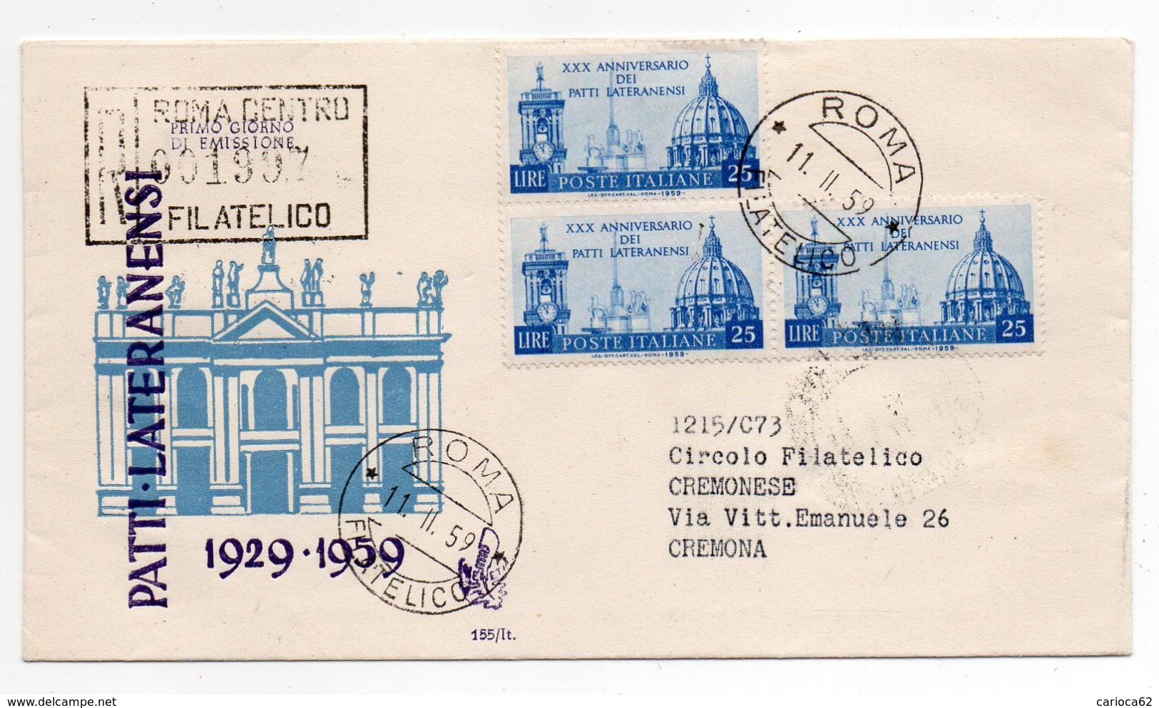 1959 - FDC " PATTI LATERALENSI " VIAGGIATA VENETIA  VEDI++++ - FDC