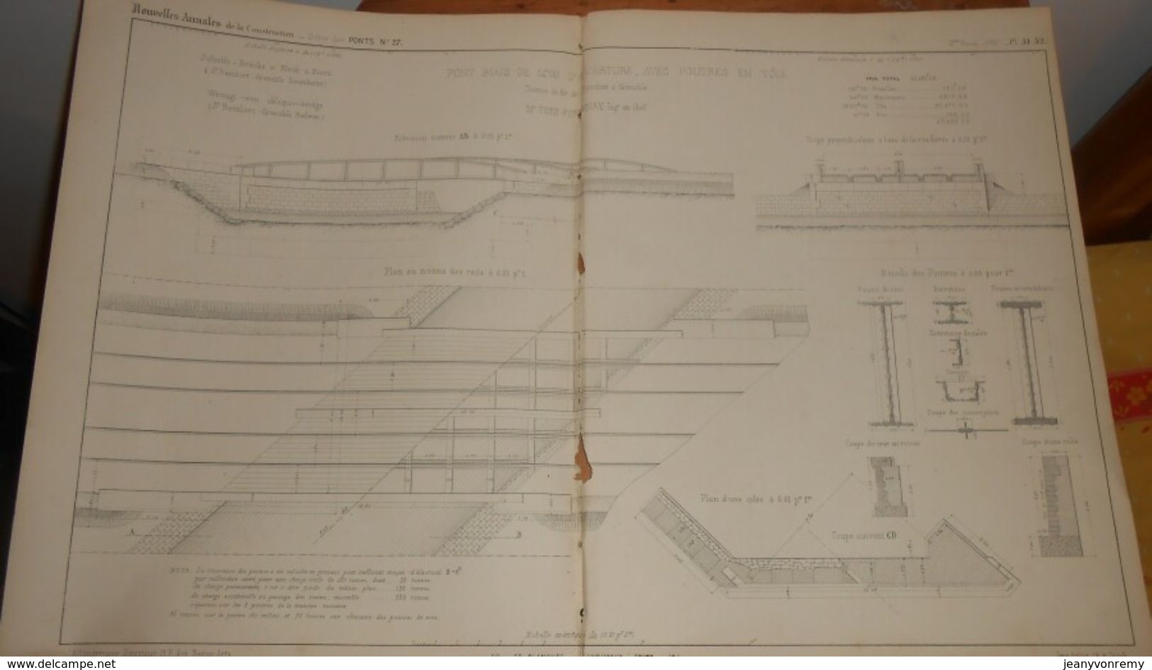 Plan D'un Pont Biais Avec Poutres En Tôle. Chemin De Fer De Saint Rambert à Grenoble. 1857. - Opere Pubbliche