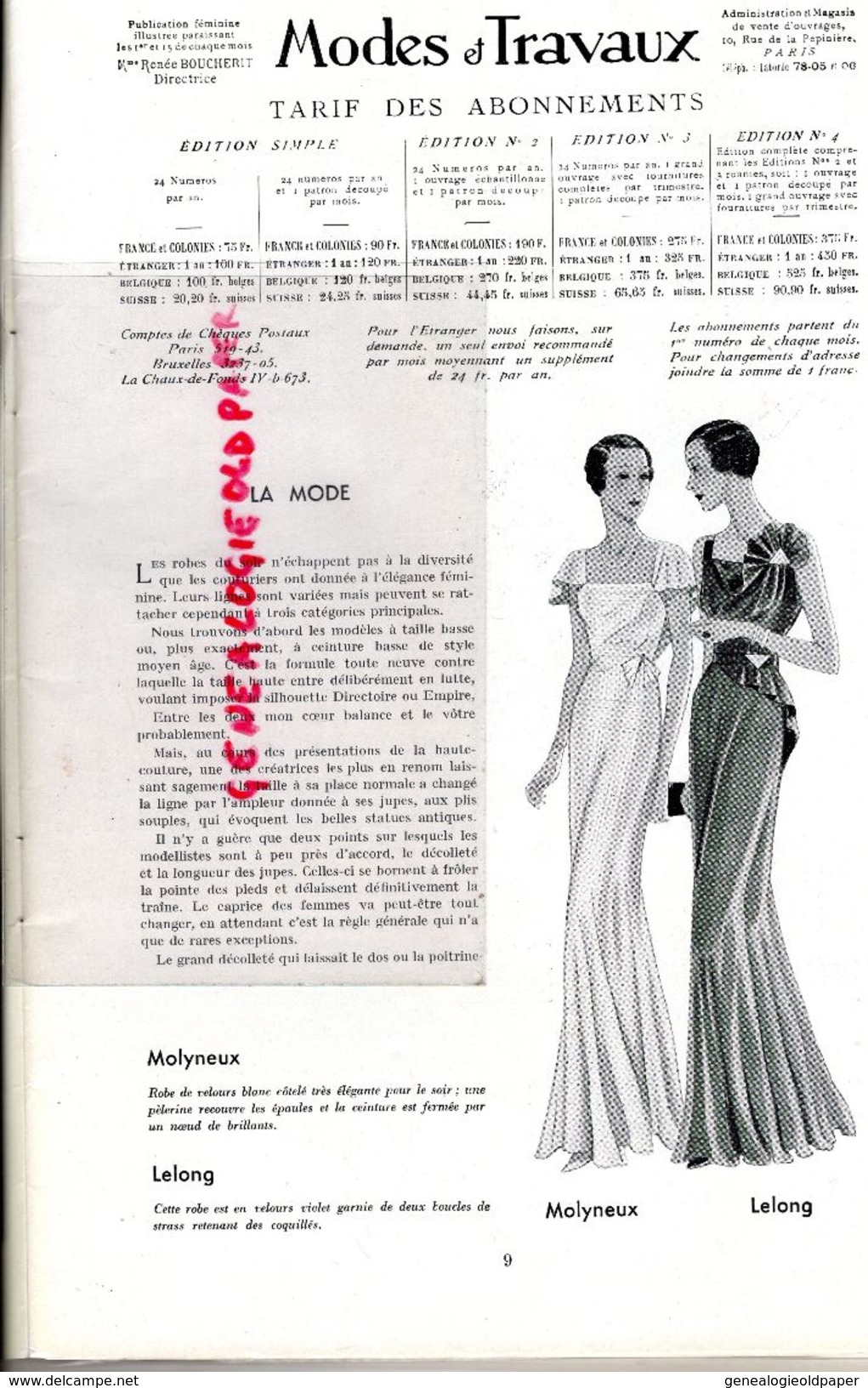 REVUE MODES & TRAVAUX-1ER NOVEMBRE 1932- N° 309- BOUCHERIT-FOURRURES GUELIS PARIS-BEBE NESTLE-MOLYNEUX-LELONG- - Fashion