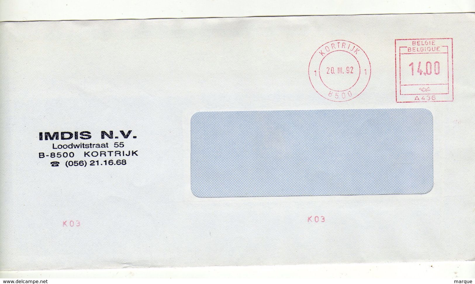 Enveloppe Oblitération E.M.A. KORTRIJK 8500 20/03/1992 - 1980-99