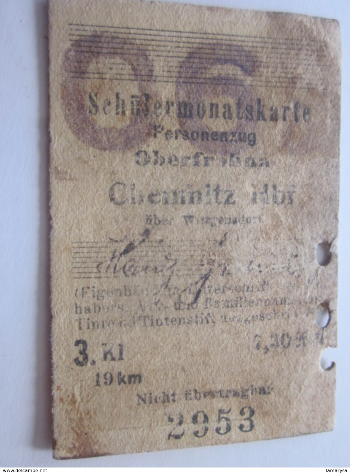 SCHULERMONATSKARTE-PERSONENZUG Titre De Transport Ticket Carte Ferroviaire Mensuel Chemin De Fer Allemagne Chemnitz - Europa