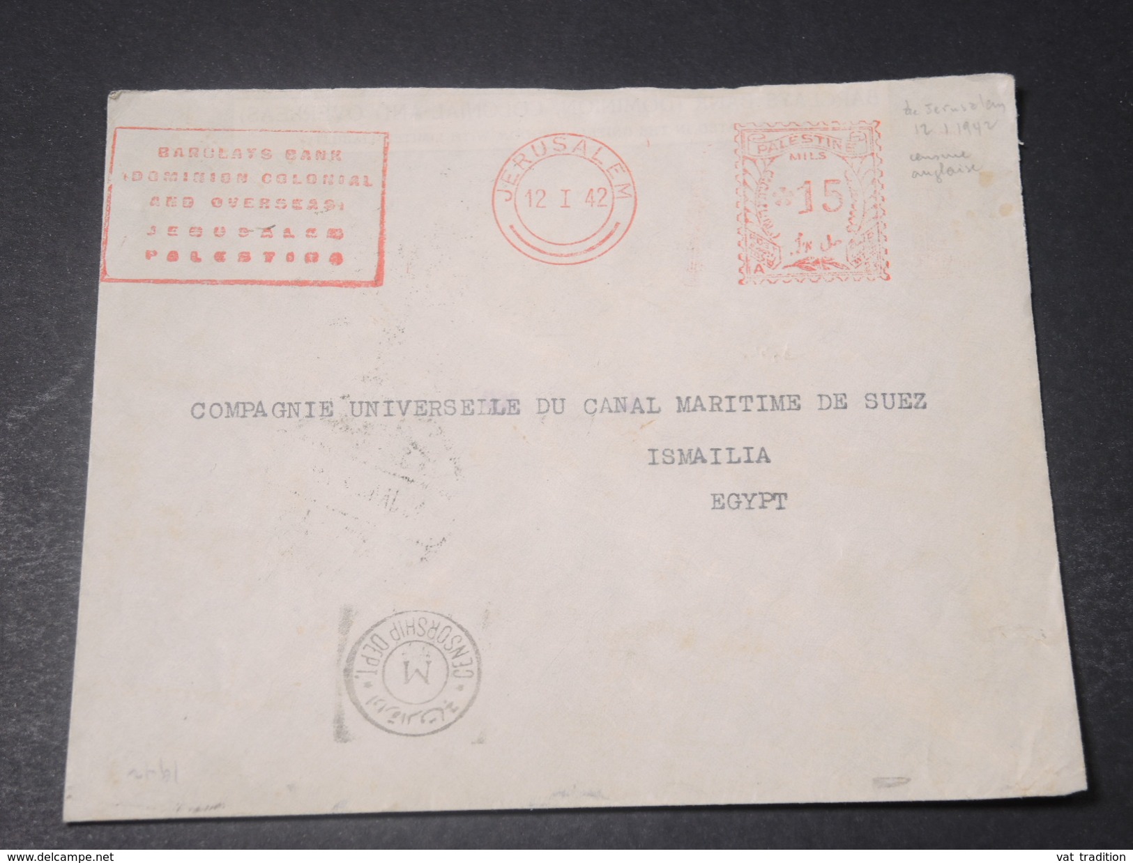 PALESTINE - Enveloppe De Jérusalem Pour L 'Egypte En 1942 Avec Censure Anglaise , Affranchissement Mécanique - L 11229 - Palestina