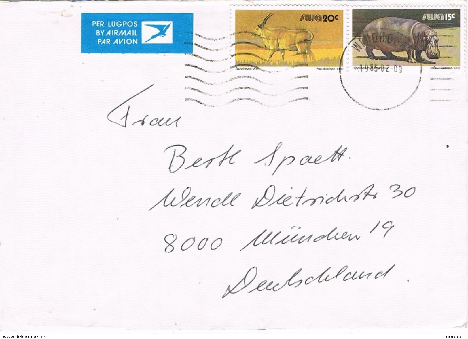 26924. Carta Aerea WINDHOEK (Sout Africa) SWA 1985.  Hipopotamo, Oryx - Cartas & Documentos