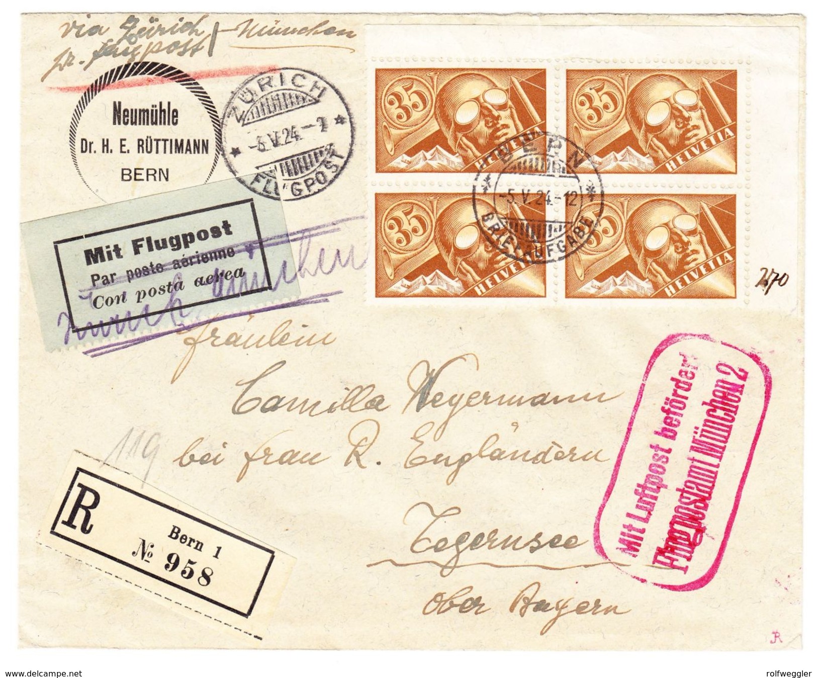 06.05.1924 R-Flugbrief Zürich-Tegernsee Mit Flugpostmarke 35 Rappen In 4-er Block - Autres & Non Classés