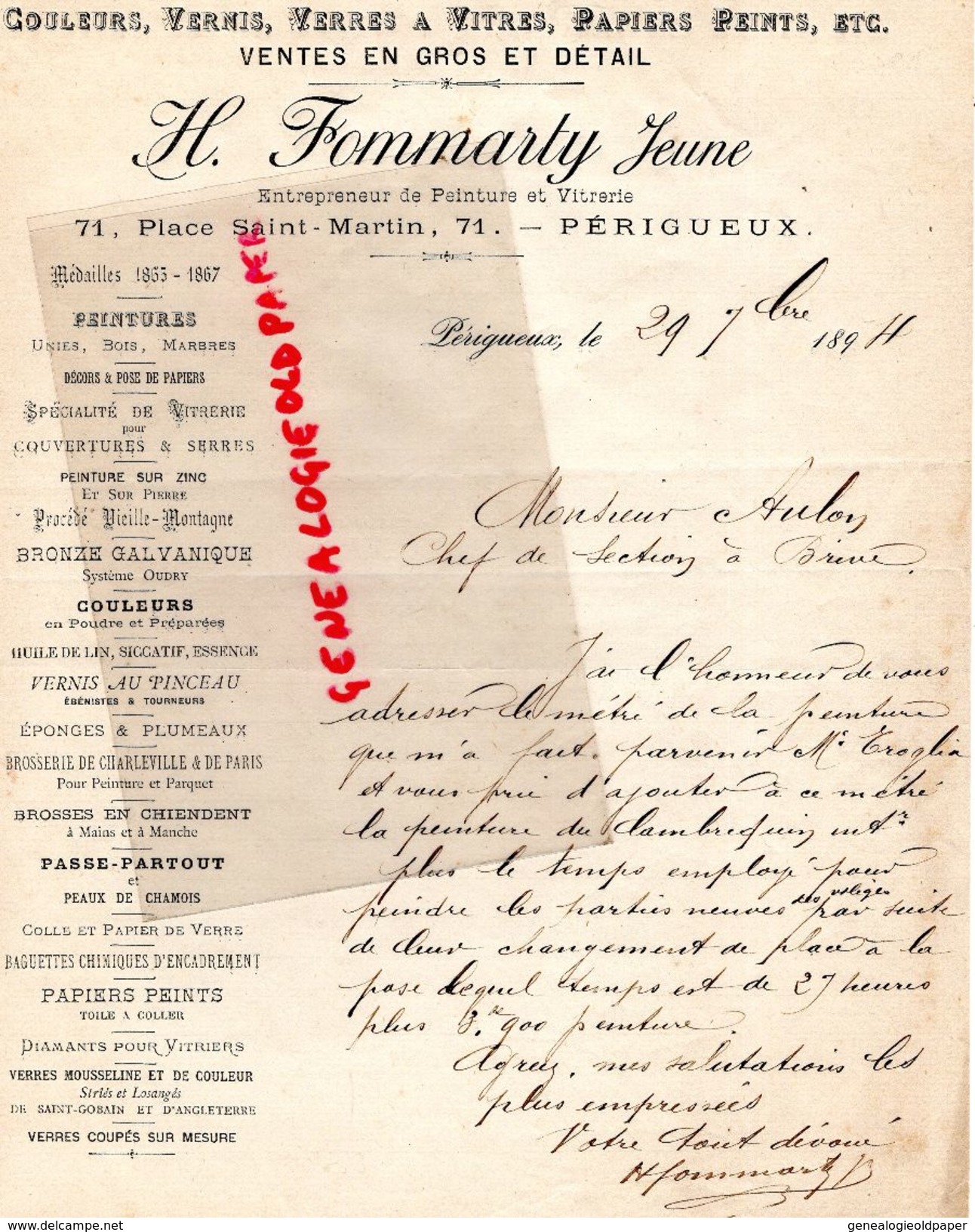 24-  PERIGUEUX- RARE LETTRE MANUSCRITE SIGNEE H. FOMMARTY-ENTREPRENEUR PEINTURE VERNIS-71 PLACE SAINT MARTIN-1894 - Petits Métiers