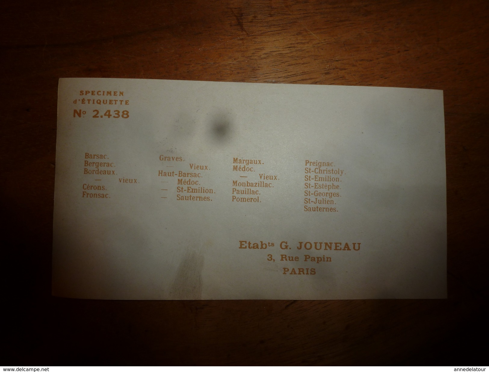1920 ?   Spécimen étiquette De Vin  BORDEAUX Vieux  N° 2.438 Déposé,   Imprimerie G.Jouneau  3 Rue Papin à Paris - Bordeaux