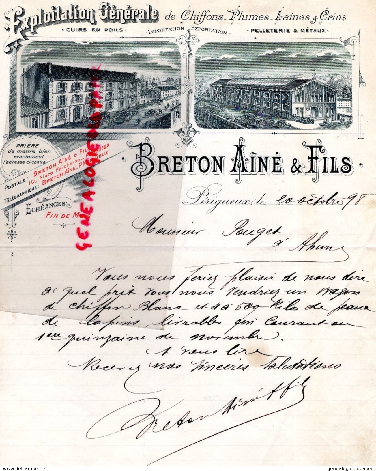 24 - PERIGUEUX -RARE LETTRE MANUSCRITE SIGNEE- BRETON AINE & FILS- 1898-EXPLOITATION CHIFFONS PLUMES LAINES -PELLETERIE - 1800 – 1899