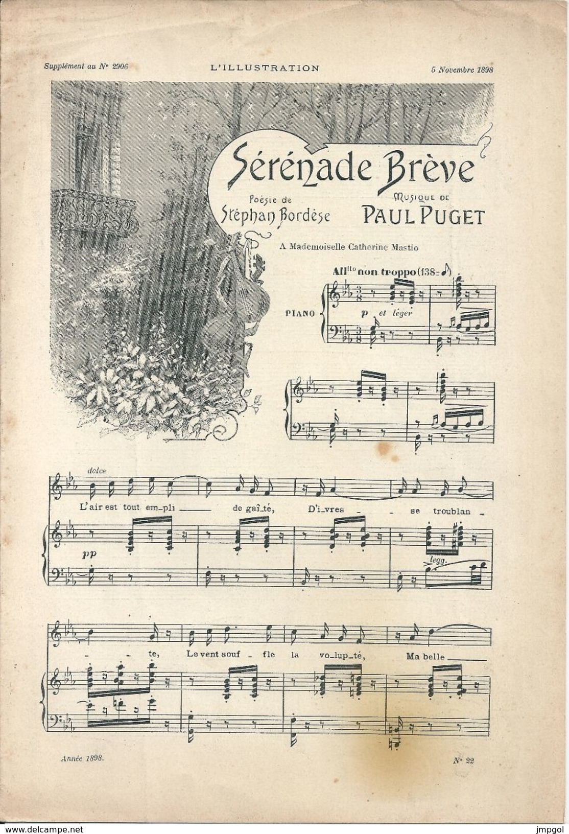 Partition "Sérénade Brève" Poésie Stéphane BORDESE Musique Paul PUGET à Mlle Catherine MASTIO - Scores & Partitions