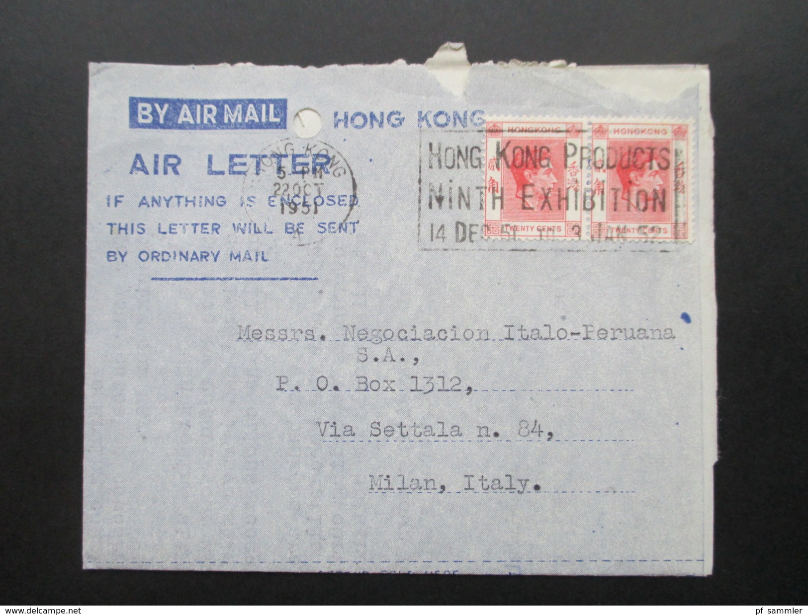 GB / Hong Kong 1951 Air Letter To Milan. Waagerechtes Paar! Hong Kong Products Ninth Exhibition - Covers & Documents