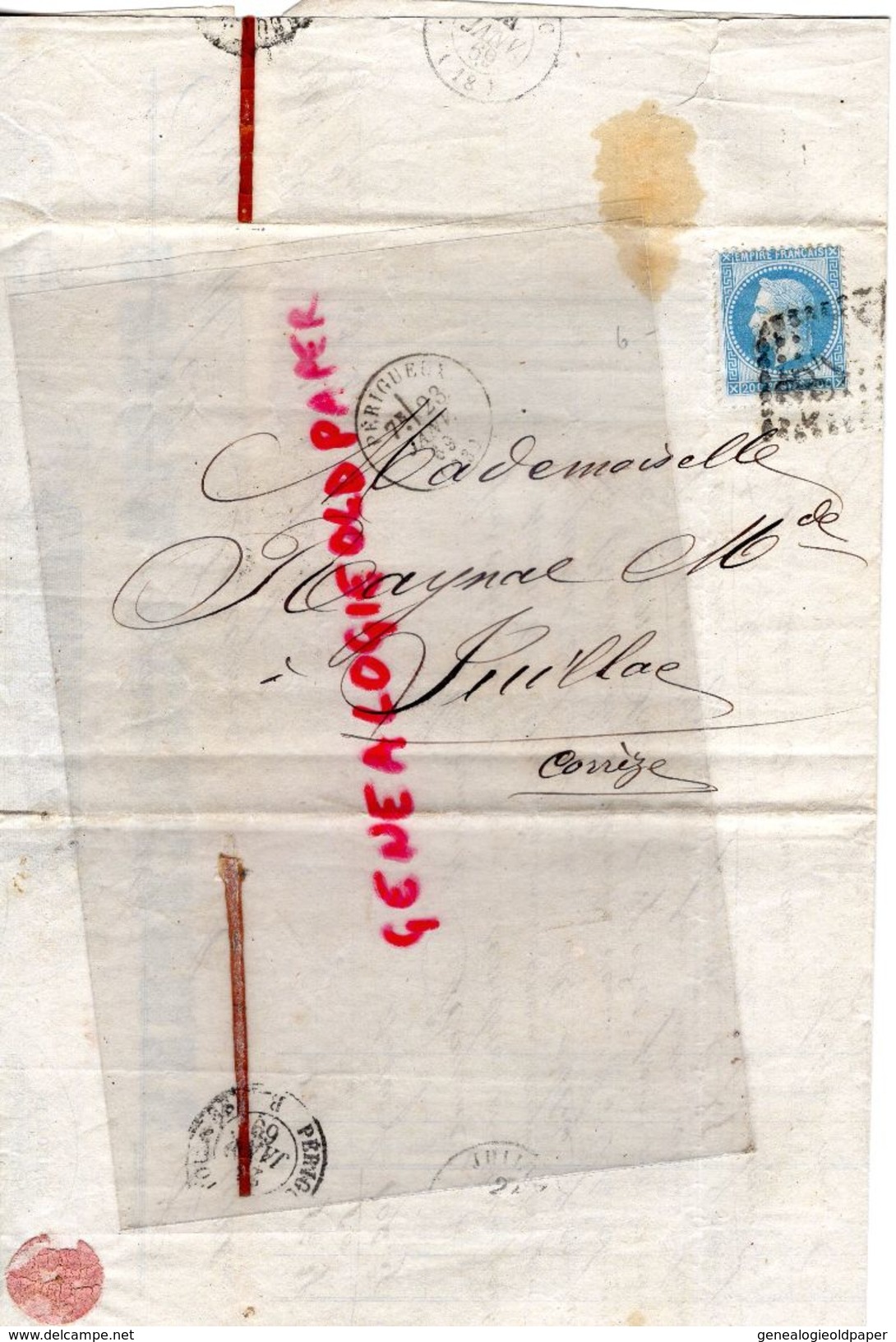 24 -PERIGUEUX- RARE LETTRE MANUSCRITE SIGNEE URBAIN DESVERGNES-MARCHAND DE FER ET SEL-1869 A MLLE RAYNAL JUILLAC - 1800 – 1899