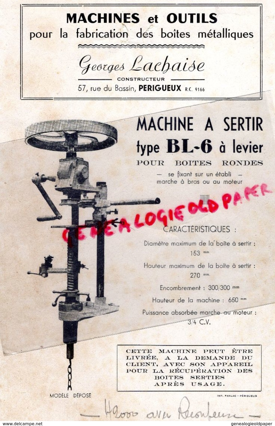 24 -PERIGUEUX- RARE PUBLICITE GEORGES LACHAISE-CONSTRUCTEUR MACHINES ET OUTILS FABRICATION BOITES METALLIQUES-RUE BASSIN - Reclame