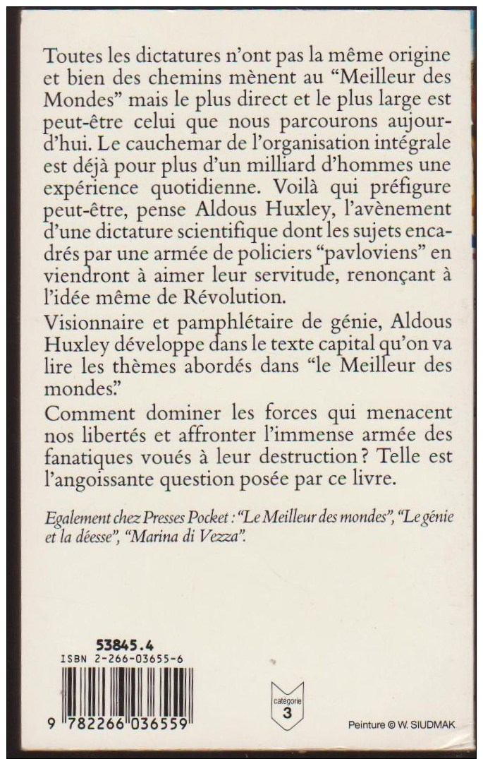 ALDOUS HUXLEY / RETOUR AU MEILLEUR DES MONDES / PRESSES POCKET 1993 ESSAI SCIENCE FICTION SF DYSTOPIE E16 - Presses Pocket