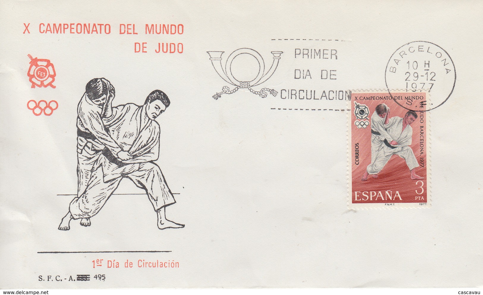 Enveloppe  FDC  ESPAGNE   1er  Jour    Championnat  Du  Monde  De  JUDO    BARCELONE   1977 - Judo