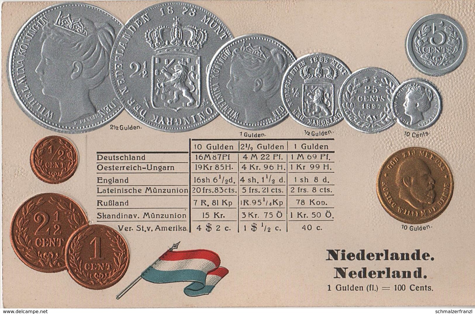 Litho Münzkarte AK Niederlande Nederland Netherlands Pays Bas Gulden Guilder Florin 1868 König Nationalflagge Coin Pièce - Monnaies (représentations)